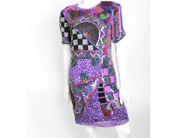 Vintage 1980s Party Dress | Beaded Sequin Silk Dress | Sequinned Evening Dress | Silk Chiffon Geometric Print Dress | S-M