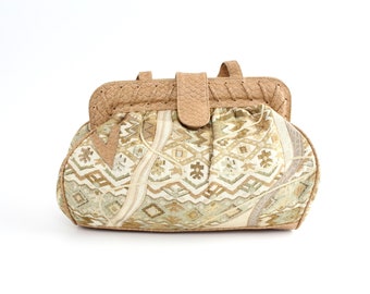 Vintage 1980s Woven Tapestry Purse | Neutral Vegan Faux Leather Handbag | Mixed Media Boho Bag