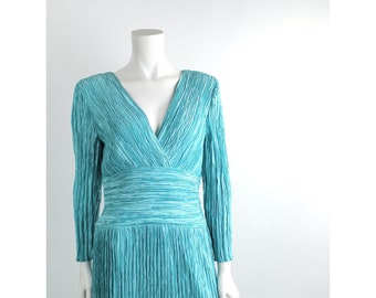 Mary McFadden Couture Fortuny Pleat Evening Gown | Vintage Plissé Surplice Deep V Long Dress | Cyan Blue Pleated Maxi Dress