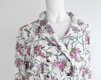 Vintage 1980s Floral Print Rayon Dress | Miss Carol Double Breasted Blouson Dress | S