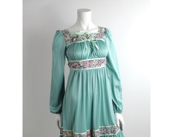 Vintage 1970s Prairie Dress | Lovely Sea Foam Green Tiered Skirt Dress | Belted Floral Summer Dress | 5