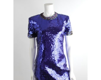 Victor Costa Vintage Party Dress | Beaded Sequin Shift Dress | Sequined Evening Dress | Mod Sequin Mini Dress | Made in USA