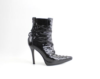 size 5.5 'The Siouxsie' Vintage Black Patent Leather Boots | Casadei Pointed Toe Lace Up Stiletto Ankle Boots | Made in Italy | 35.5