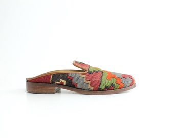 size 6 Vintage Turkish Kilim Mules | Wool Tapestry Slide Shoes | Kilim Slippers | 36.5