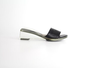 size 5.5 Vintage Robert Clergerie Leather Mules | Black Leather and Clear Acrylic Heel Sandals | Made in France | 35.5