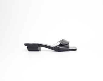 size 5.5 Vintage Charles Jourdan Sculptural Heel Mules | Minimal Square Toe Slide Shoes  | Black Leather Sandals  | 35.5