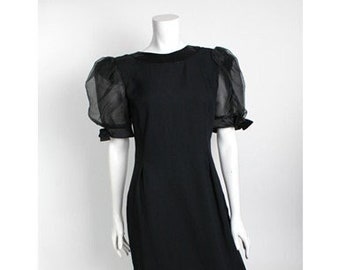 Vintage 1980s Little Black Dress  | Semi Sheer Puff Sleeve Evening Party Dress | LBD Cocktail Crepe Sheath Dress | 10