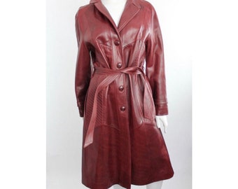 Vintage jaren 1970 Cordovan lederen trenchcoat | Boterzachte jas met riem | Lange jas van glad leer met zigzagstiksel | S-M