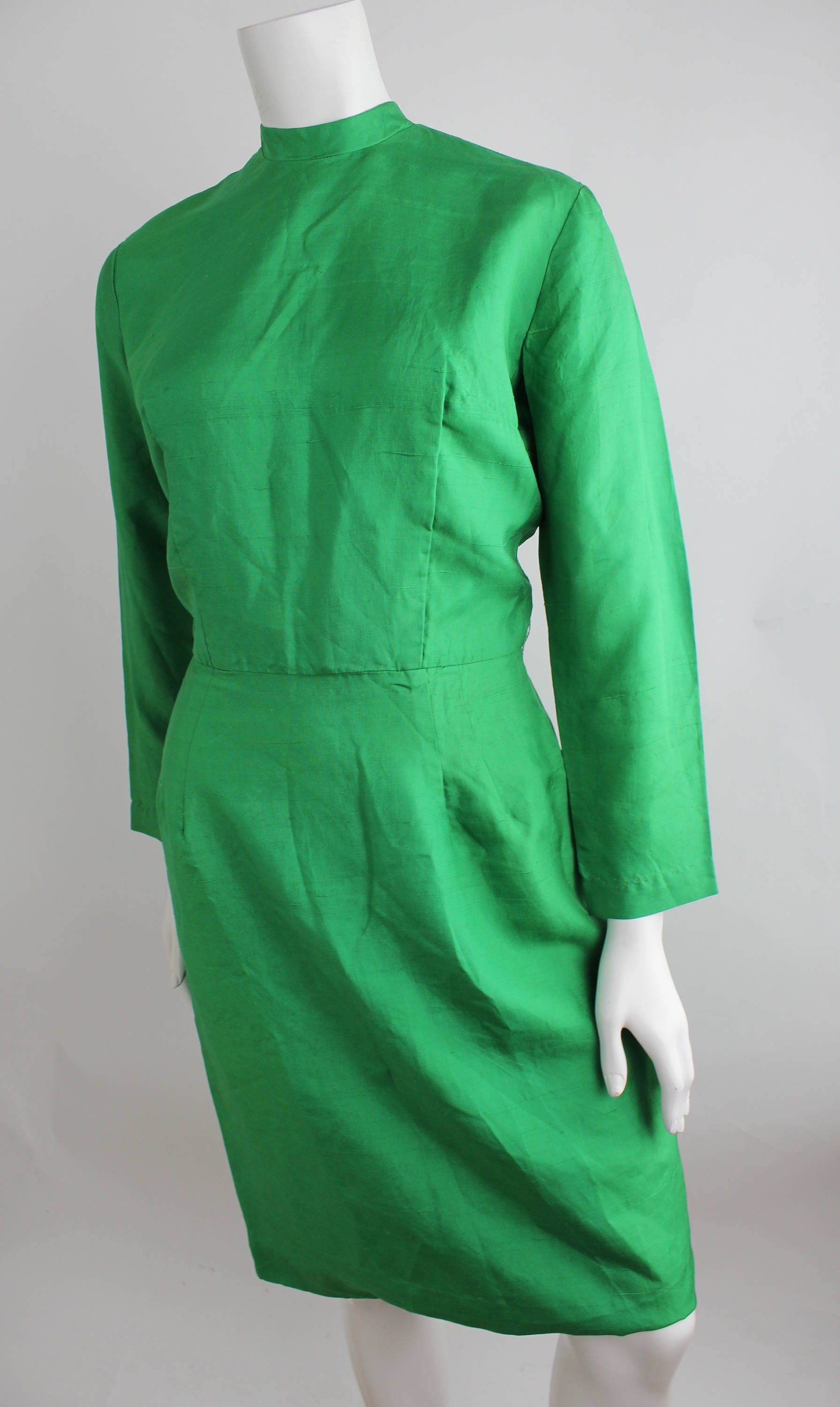kelly green sheath dress Vintage | 1960s Dupioni Silk Dress | Long Sleeve Knee Length Dress | S-M Nuggles