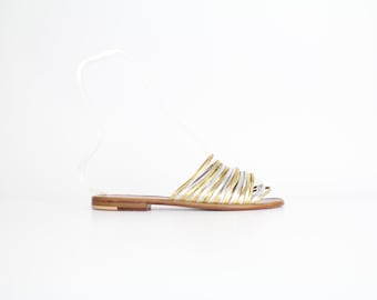 size 5 to 5.5 Vintage Charles Jourdan Leather Sandals | Gold and Silver Leather Flats | Made in Brazil | 35 to 35.5