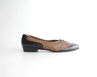 Chaussures richelieu vintage en cuir t7 | vintage bicolores en cuir pour spectateurs | Richelieus bouts ailés noirs et marrons à bout en amande | Fabriqué en Italie