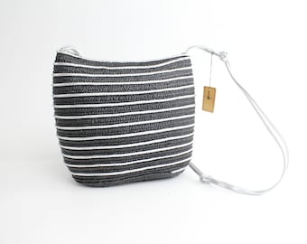 Vintage 1990s Woven Purse | Black and Silver Shoulder Bag | Resort Wear Handbag | Nautical Stripe Bag