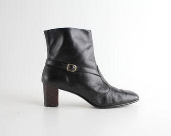 Botas Chelsea Mod tamanho 10 | Botas de couro vintage dos anos 60 com bico redondo | Botas de couro pretas com fivela