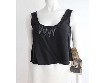 Vintage Cropped Top | Beaded Fringe Black Tank | Black Tank Top | S