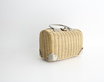 Vintage 1960s Rattan Handbag | Amazing Silver Hardware & Lacquered Rattan Structured Bag | Rolled Handle Silver Metal Wicker Purse