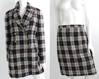 1980s Sonia Rykiel Bouclé Suit | Vintage Plaid Bouclé Double Breasted Jacket | Plaid Pencil Skirt | Made in France | 44