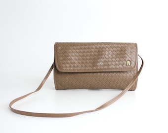 Never Used Vintage Etienne Aigner Leather Bag | Intrecciato Leather Envelope Clutch | Taupe Brown Woven Leather Purse