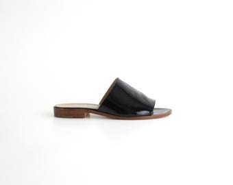 sz 8  | Never Worn Vintage Neiman Marcus Patent Leather Shoes | 1990s Minimal Leather Slide Sandals | Sleek & Modern Flats | Made in Italy