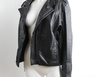Vintage 1980s Black Leather Jacket | Fitted Black Leather Jacket | Leather Motorcycle Jacket | Zipper Detail Punk Leather Jacket | M