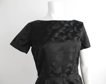 Vintage Silk Brocade Wiggle Dress | 1960s Black Silk Cocktail Dress | Feather Brocade Satin LBD | XXS