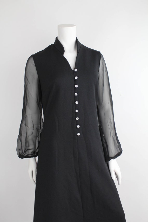 Lady Blair Nehru Collar Dress | Vintage 60s-70s Black Maxi with Rhinestone Buttons | Long Black Dress with Sheer Sleeves | Xs - S