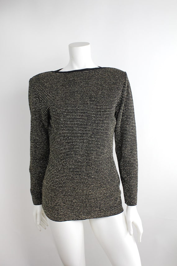 Krizia, KRIZIA New With Tags Vintage Sweater | 1980s Krizia Moods Italian Wool Sweater | Metallic Gold and Black Striped Boatneck Top | S
