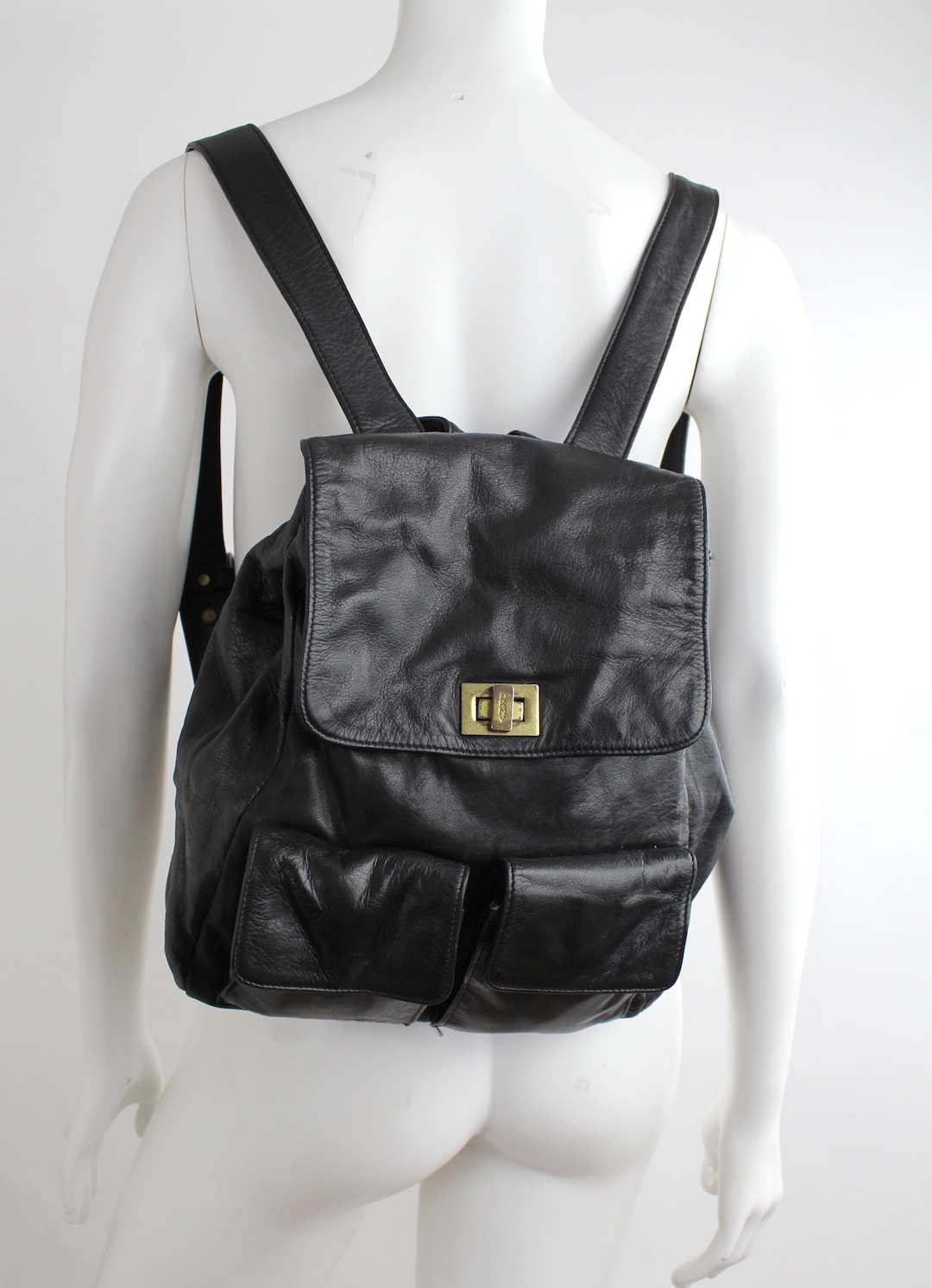 Vintage 90s DKNY Black Leather Backpack Smooth Leather Minimalist Backpack Etsy UK