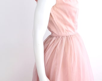 Pretty in Pink Party Dress | Vintage 1950s Fit and Flare Dress | Pastel Pink Rolled Collar Evening Gown | XXS