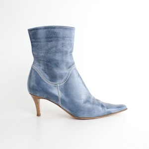 sz 7.5 Vintage Blue Leather Boots | Y2K Denim Look Leather High Heel Boots | Made in Italy | 38