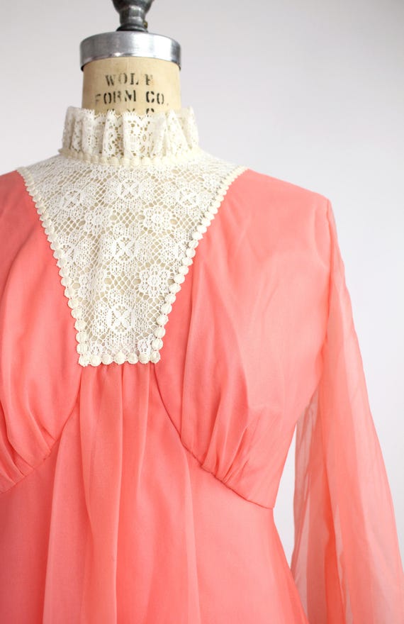 Vintage 60s-70s Coral Nylon Dress | Lace Bib Maxi… - image 5