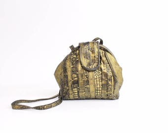 Vintage 1980s Metallic Leather Purse | Exotic Lizard Embossed Leather Shoulder Bag | Crazy Boho Leather Bag