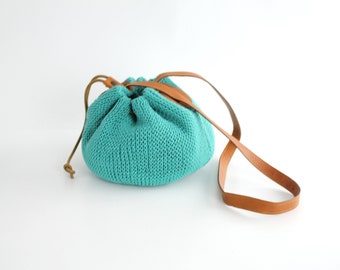 The Santorini Bag | Vintage Cotton Knit and Leather Purse | Made in Italy | Teal Blue Cotton Knit and Vegetable Tanned Leather Shoulder Bag