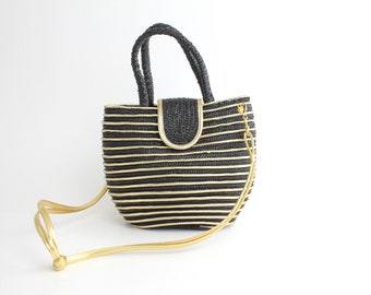 Vintage 1990s Woven Purse | Black and Gold Shoulder Bag | Resort Wear Rolled Handle Handbag | Nautical Stripe Bag