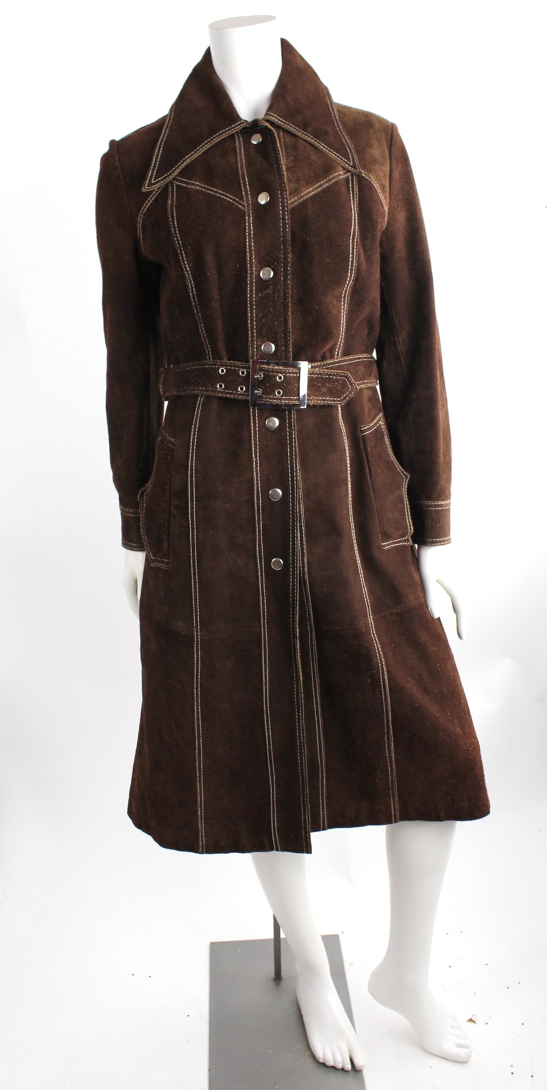 Vintage 1970s Leather Coat | Pointed Collar Suede Belted Vintage 1970s Leather Coat | Pointed Collar Suede Belted