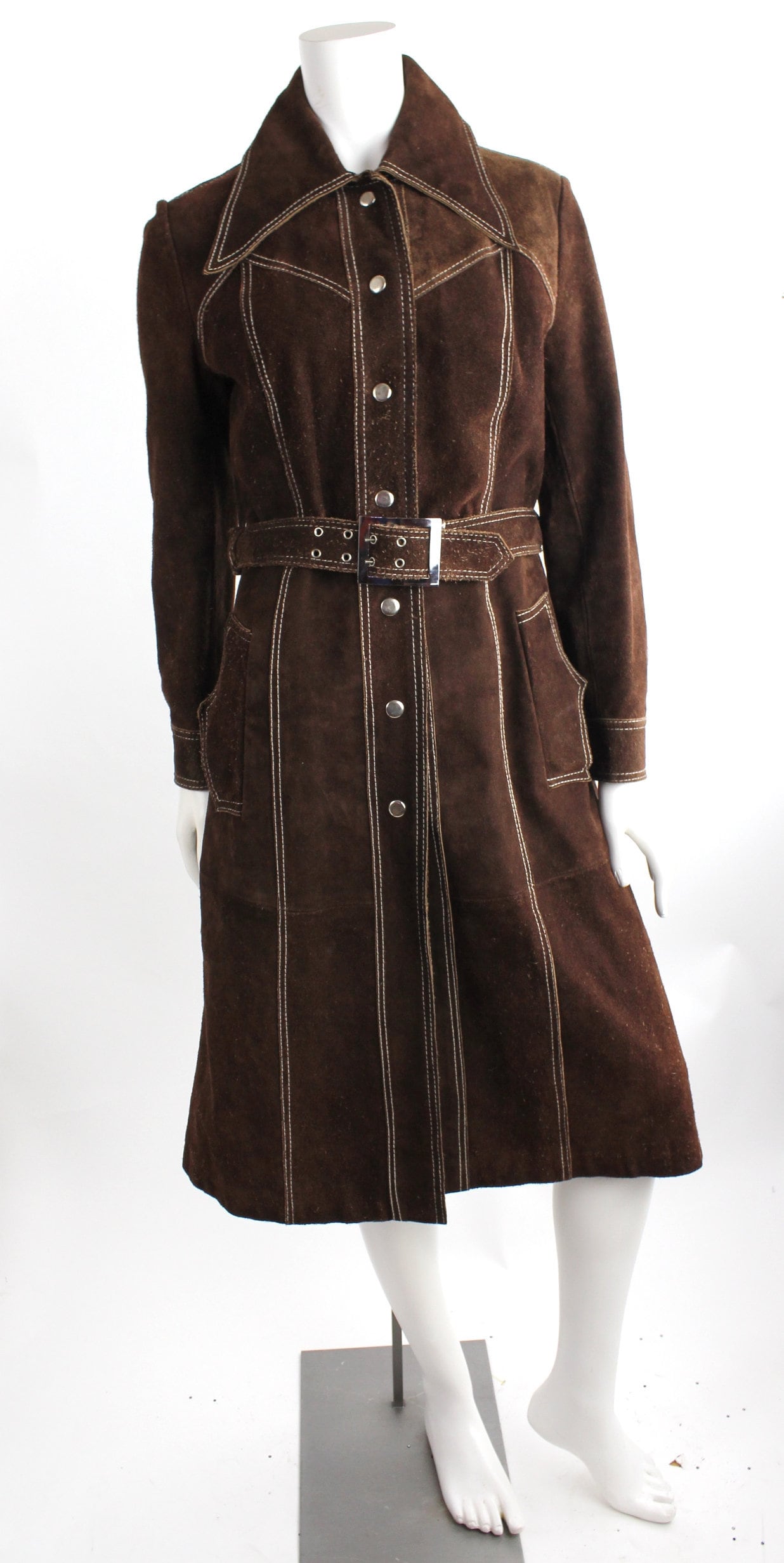 Vintage 1970s Leather Coat | Pointed Collar Suede Belted Vintage 1970s Leather Coat | Pointed Collar Suede Belted
