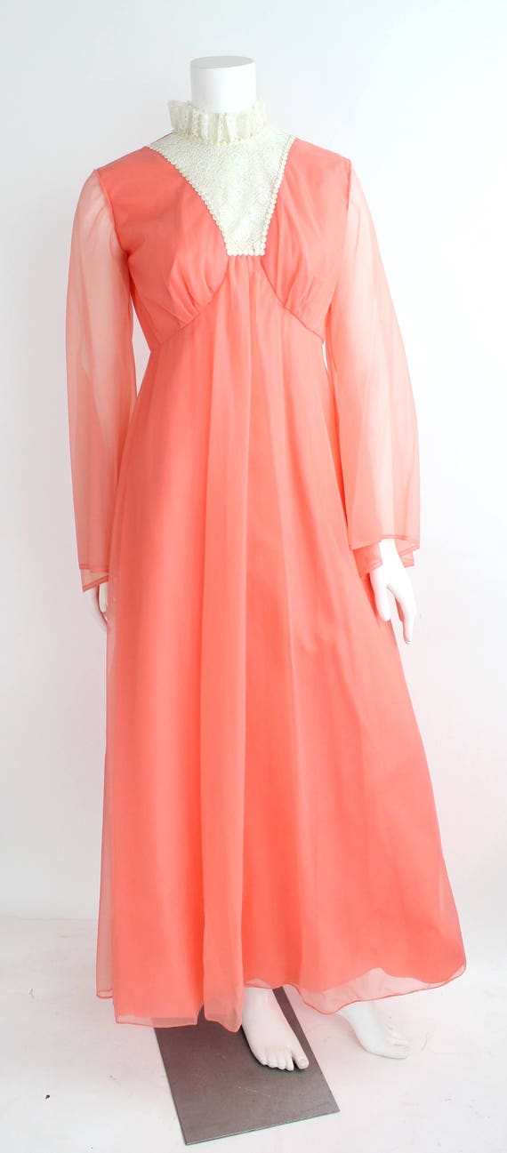 Vintage 60s-70s Coral Nylon Dress | Lace Bib Maxi… - image 2