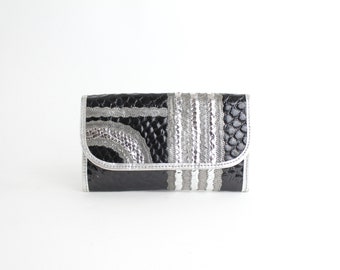 Vintage 1970s Carlo Falchi Clutch Bag | Mixed Media Snakeskin and Leather Envelope Clutch | Small Silver and Black Leather Patchwork Handbag