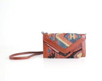 Near Mint Vintage Turkish Kilim and Leather Bag | Wool Tapestry Wallet Purse with Detachable Strap | Early 1980s Hand Woven Textile Clutch