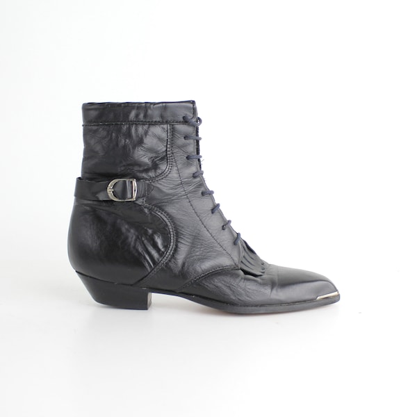 size 7.5 Vintage Black Leather Ankle Boots | Kiltie Leather Lace Up Boots | 1980s Black Leather Silver Buckled Boots with Metal Toe Caps