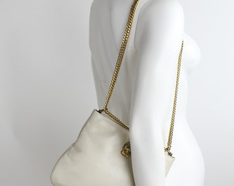 Vintage 1970s Ruth Saltz Ivory Leather Handbag | Cougar Head Chain Link Strap Purse | Square Shaped Smooth Leather Frame Bag