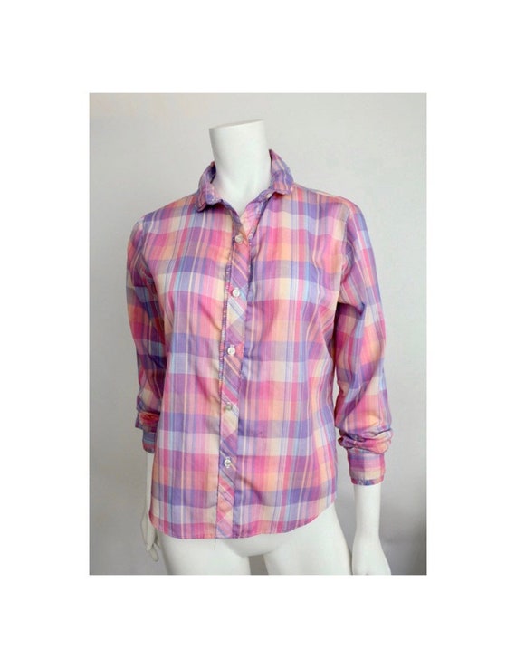 Vintage 1980s Pastel Plaid Cotton Top | Cotton Bu… - image 1