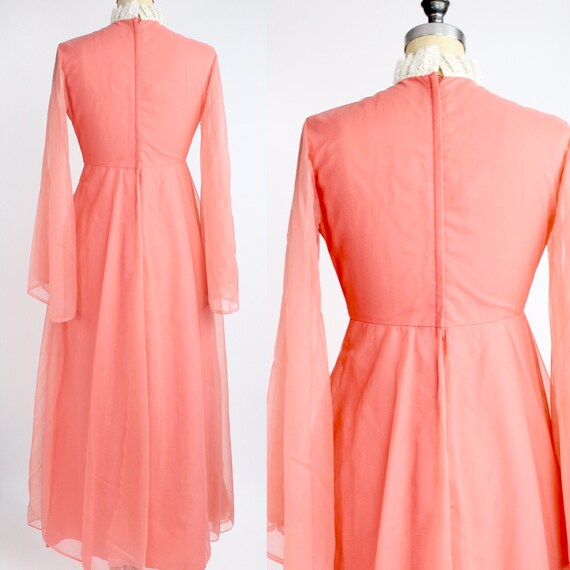 Vintage 60s-70s Coral Nylon Dress | Lace Bib Maxi… - image 7