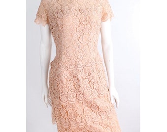 Vintage 1960s Lilli Diamond Lace Dress | Pale Pink Blush Lace Dress | Tiered Lace Dress with Sheer Yoke | S-M