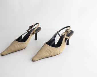 sz 9 | Elegant Couture Slingback Heels by Bruno Magli | Vintage 1990s Muted Bronze Evening Heels | Silk Faille & Leather Italian Shoes