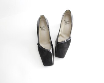 size 6 Nando Muzi Black Leather Pumps |  Square Toe Black Leather High Heel Shoes | Made in Italy | 36