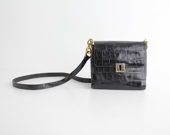 Vintage Joan & David-schoudertas van leer | Leren portemonnee met krokodillenreliëf uit de jaren 90 | Kleine zwarte leren crossbodytas
