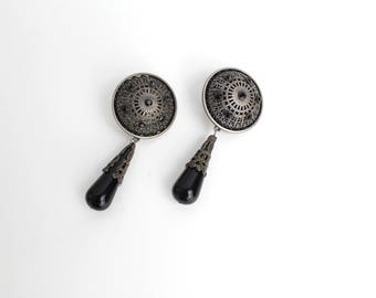 Extra Large Filigree Earrings | Vintage Black and Gunmetal Statement Earrings | Clip-On Chandelier Earrings