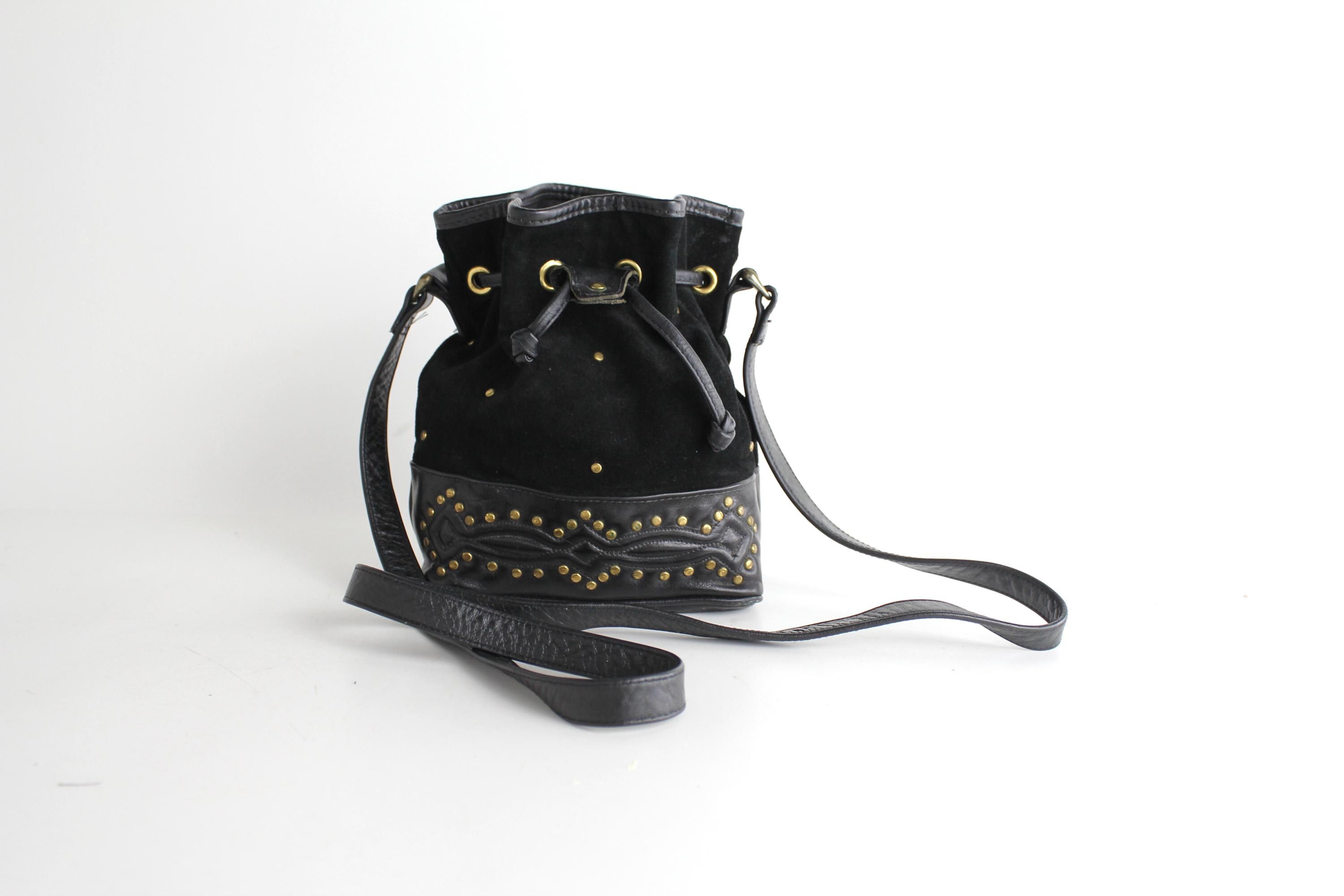 Vintage Bohemian Black Leather Bucket Bag | 1980s Nubuck 