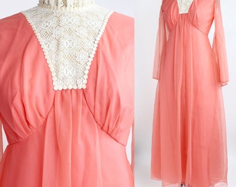 Vintage 60s-70s Coral Nylon Dress | Lace Bib Maxi Dress | Sheer Bell Sleeves | XS -S