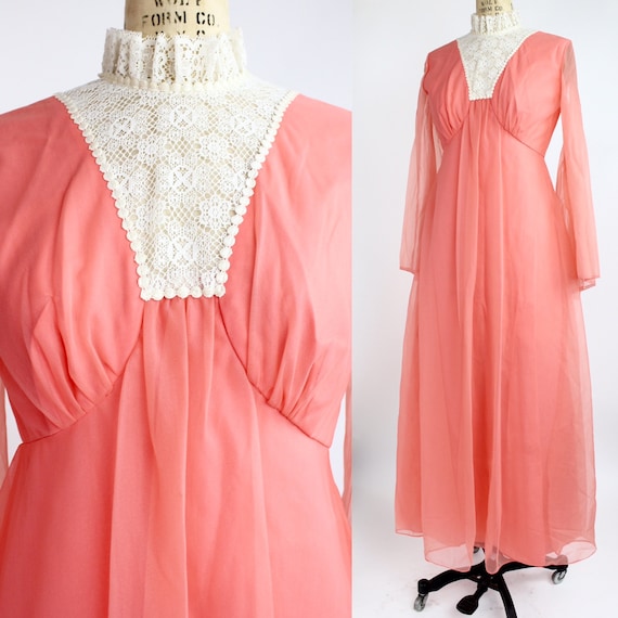 Vintage 60s-70s Coral Nylon Dress | Lace Bib Maxi… - image 1